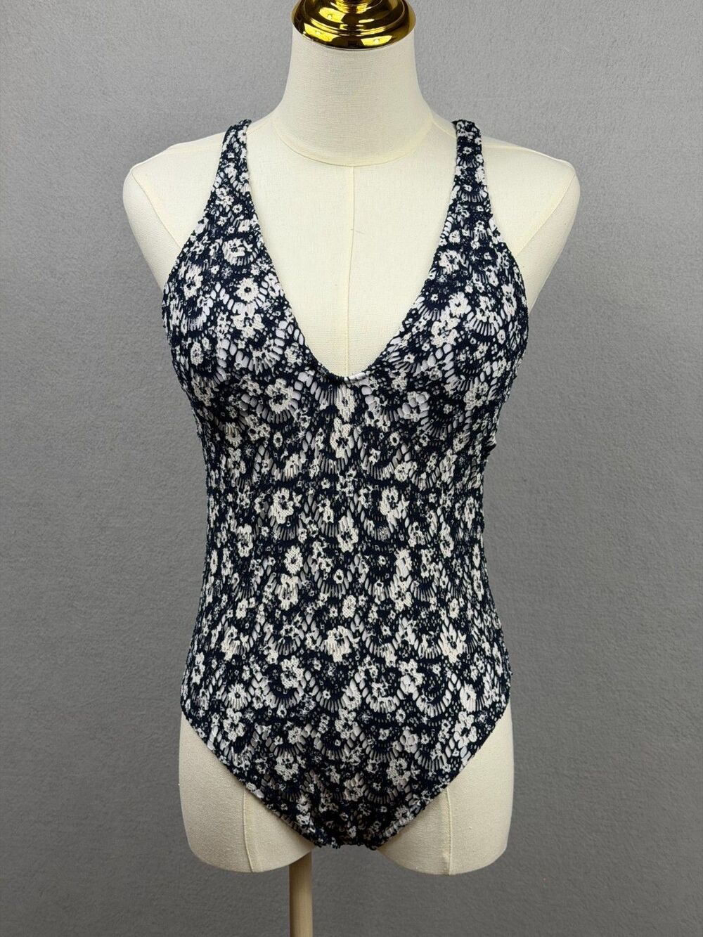 Polo Ralph Lauren Women’s XS One Piece Swimsuit Blue White Floral Strappy Back